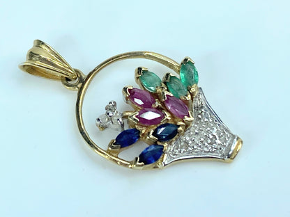 14k Yellow Gold Sapphire Ruby Emerald and Diamond Flower Basket Pendant JR9212