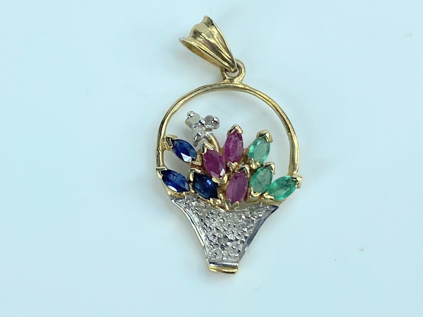 14k Yellow Gold Sapphire Ruby Emerald and Diamond Flower Basket Pendant JR9212