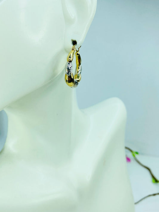 Ornate 10K two tone gold texture smooth dangle hoop earrings. 1.8g JR1005