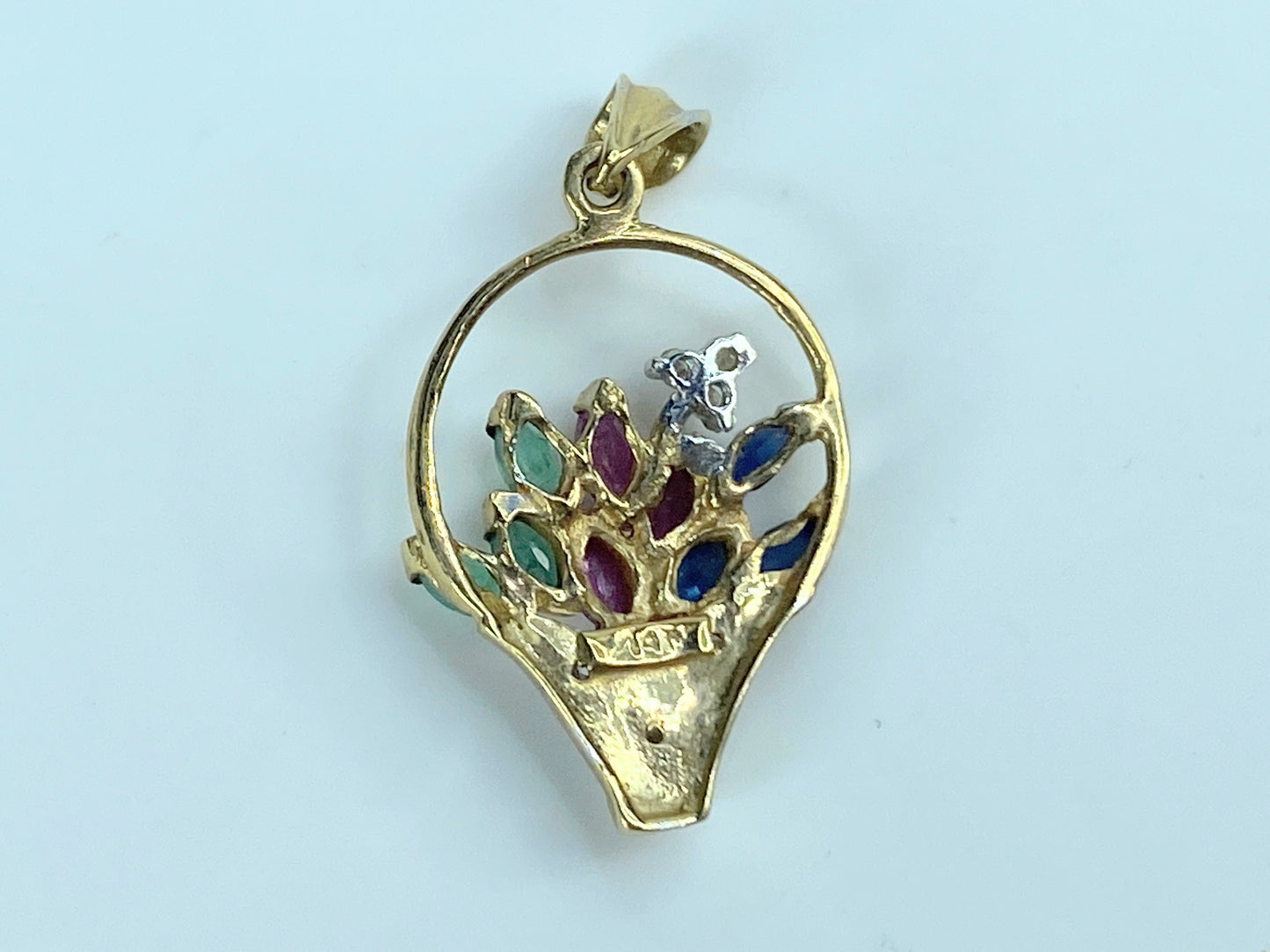 14k Yellow Gold Sapphire Ruby Emerald and Diamond Flower Basket Pendant JR9212