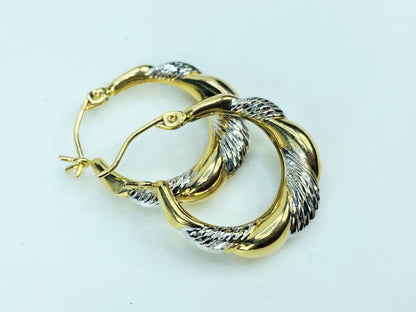 Ornate 10K two tone gold texture smooth dangle hoop earrings. 1.8g JR1005