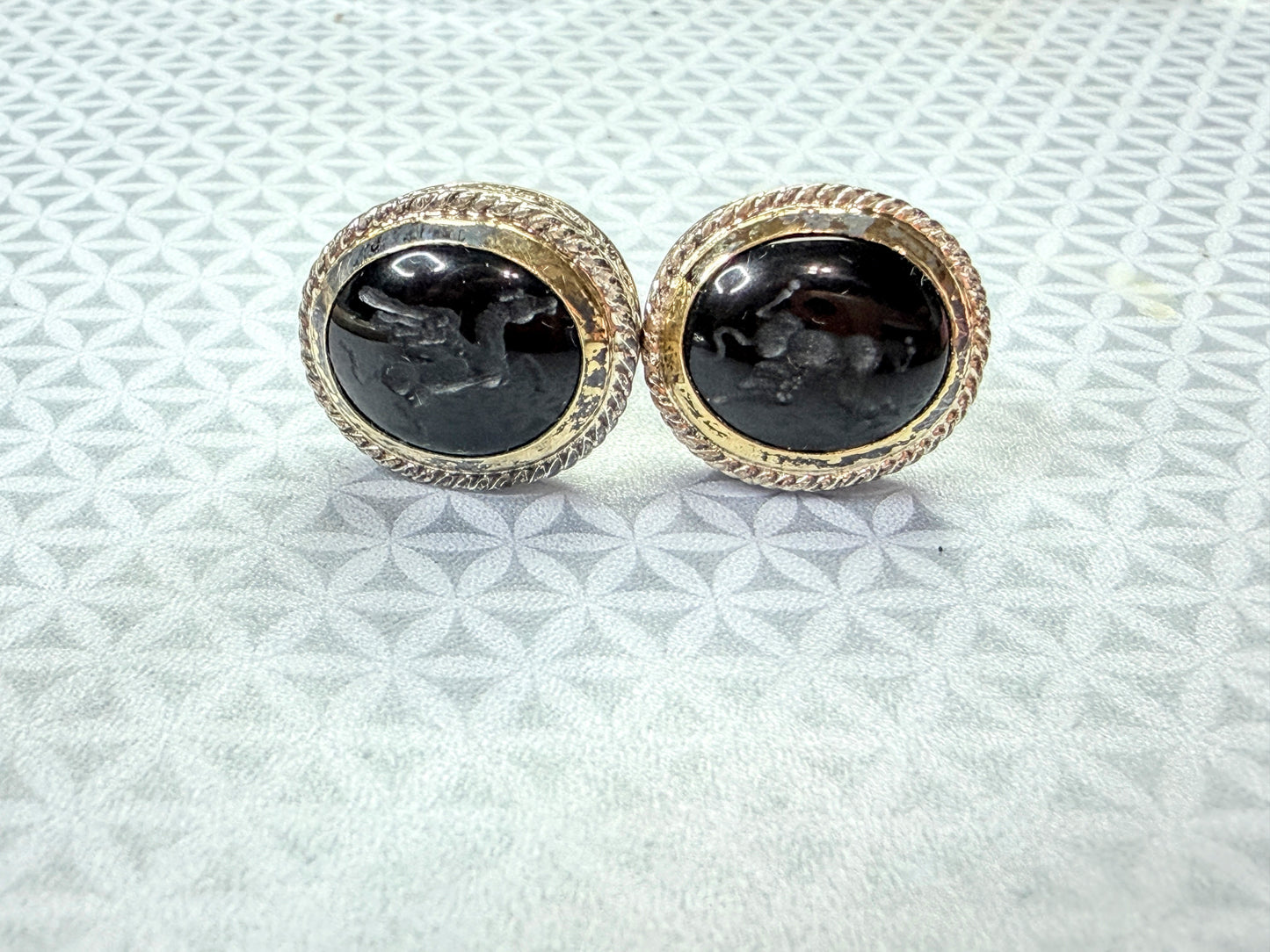 Vintage Sterling Silver Hand Carved Pegasus Onyx Intaglio Cufflinks 18g SS272