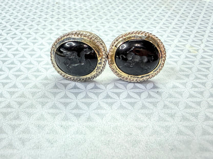 Vintage Sterling Silver Hand Carved Pegasus Onyx Intaglio Cufflinks 18g SS272