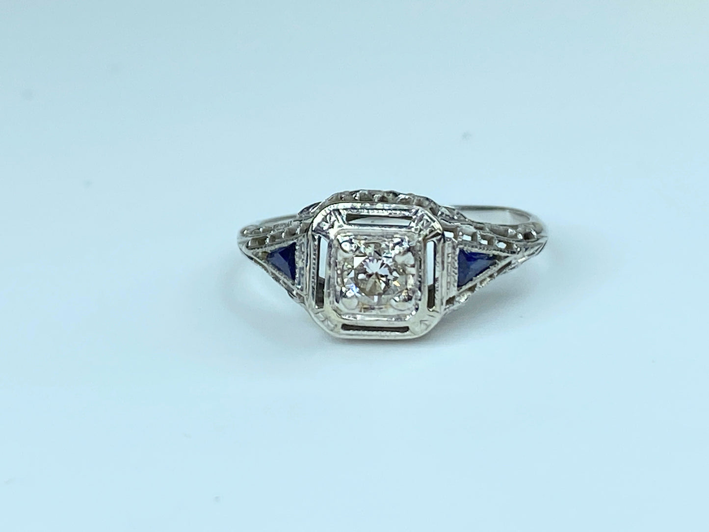 Antique Deco 18k Old Mine Cut Diamond Sapphire Filigree Engagement Ring