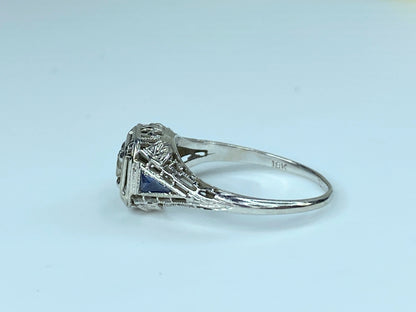 Antique Deco 18k Old Mine Cut Diamond Sapphire Filigree Engagement Ring