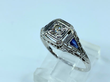 Antique Deco 18k Old Mine Cut Diamond Sapphire Filigree Engagement Ring