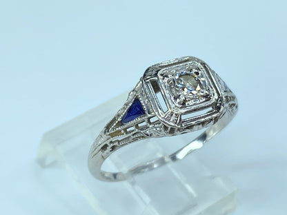 Antique Deco 18k Old Mine Cut Diamond Sapphire Filigree Engagement Ring