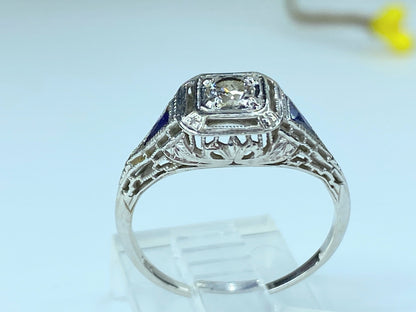 Antique Deco 18k Old Mine Cut Diamond Sapphire Filigree Engagement Ring