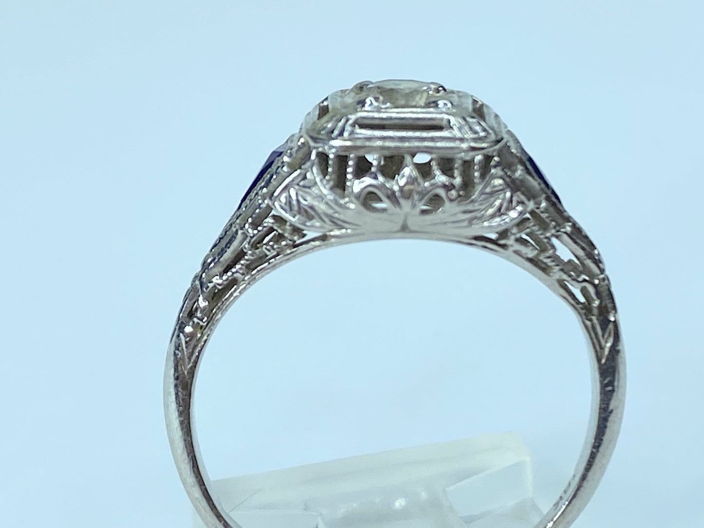 Antique Deco 18k Old Mine Cut Diamond Sapphire Filigree Engagement Ring