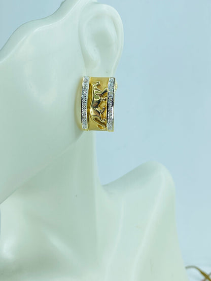 18k Two-tone J-hook Earrings with Panther Accents and Pavé Diamonds 7/8" JR1018