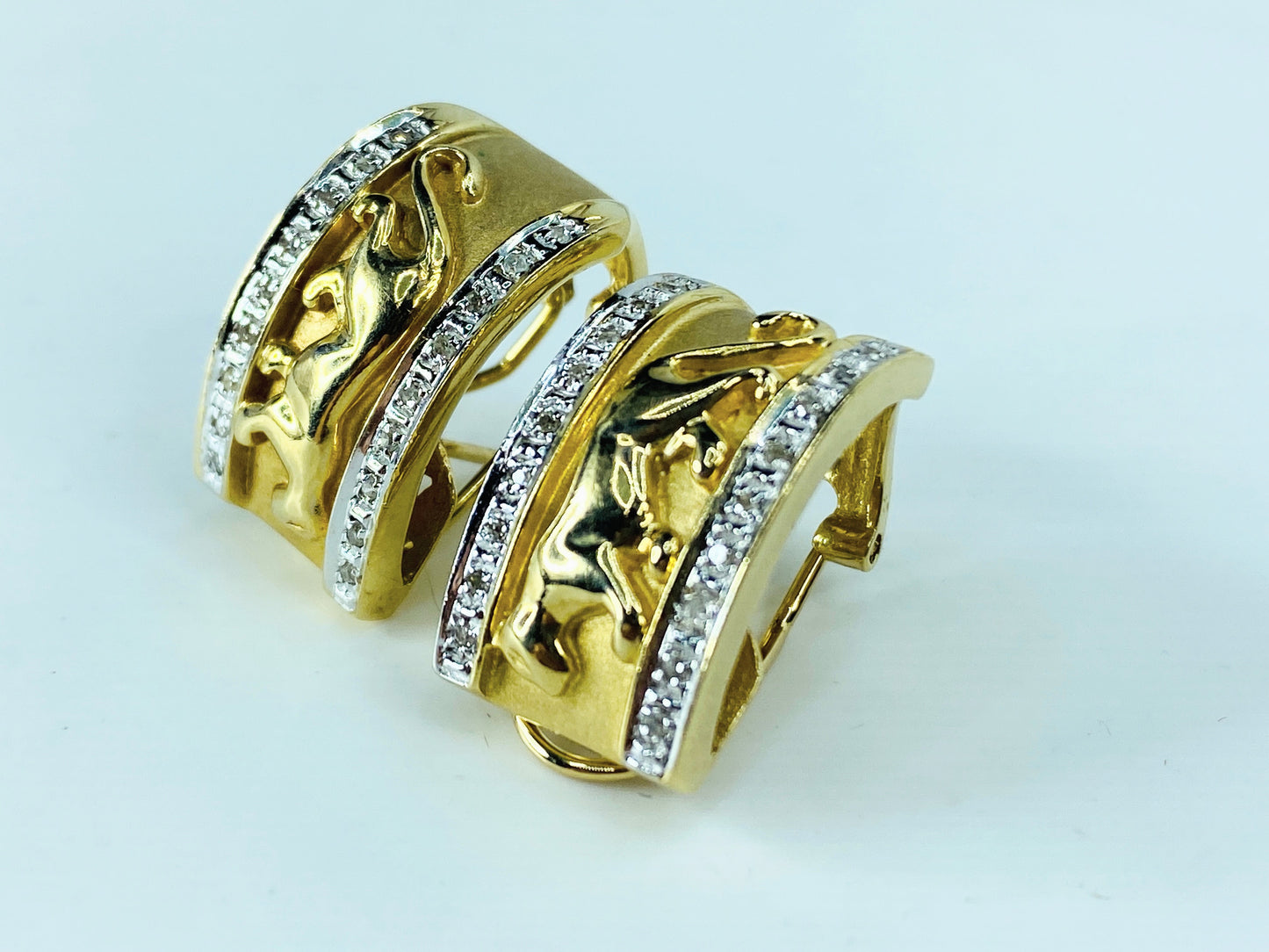 18k Two-tone J-hook Earrings with Panther Accents and Pavé Diamonds 7/8" JR1018