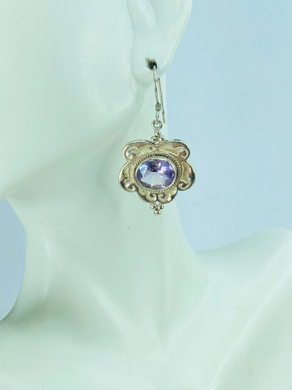 Elegant Sterling Floral Etched Faceted Sapphire Bezel-Set Dangle Earrings JR1019
