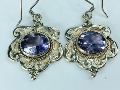 Elegant Sterling Floral Etched Faceted Sapphire Bezel-Set Dangle Earrings JR1019