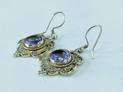 Elegant Sterling Floral Etched Faceted Sapphire Bezel-Set Dangle Earrings JR1019