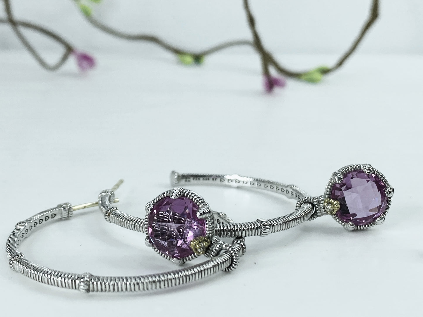 Judith Ripka 18K/925 Lavender Crystal CZ 40mm hoop dangle earrings JR1020R1020