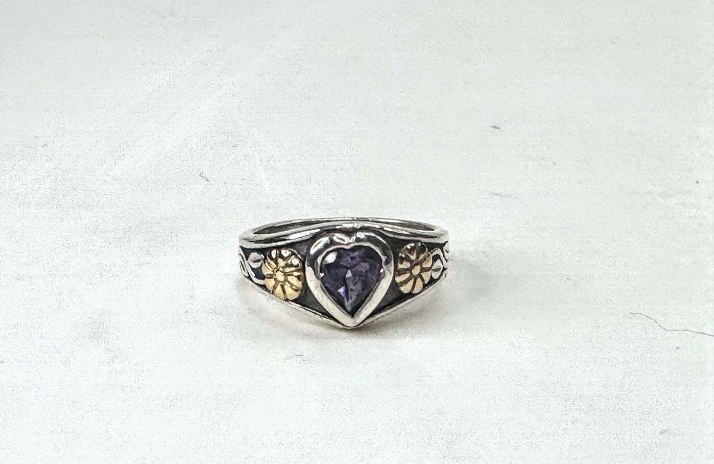 Vintage deisgner Sterling 14K Amethyst Heart Flower Ring Size 6.25 JR1665