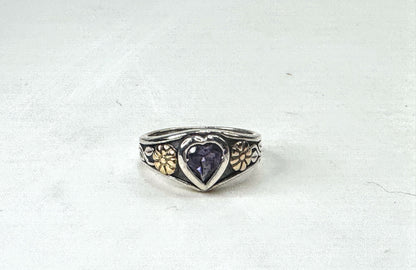 Vintage deisgner Sterling 14K Amethyst Heart Flower Ring Size 6.25 JR1665