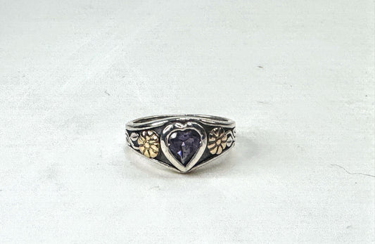 Vintage deisgner Sterling 14K Amethyst Heart Flower Ring Size 6.25 JR1665
