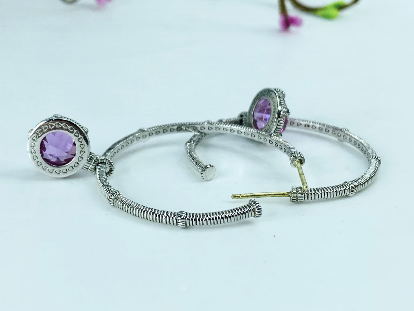 Judith Ripka 18K/925 Lavender Crystal CZ 40mm hoop dangle earrings JR1020R1020