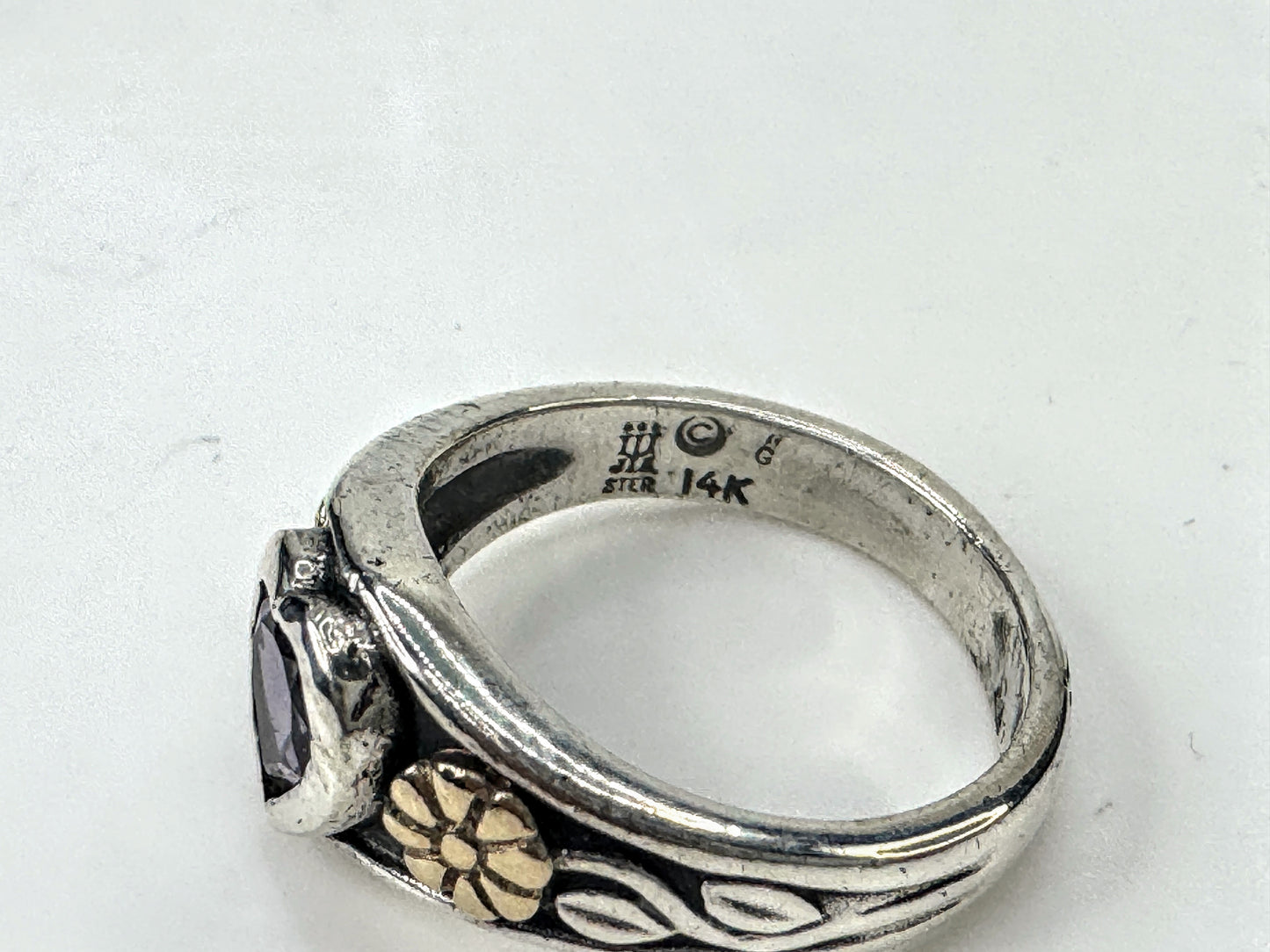 Vintage deisgner Sterling 14K Amethyst Heart Flower Ring Size 6.25 JR1665