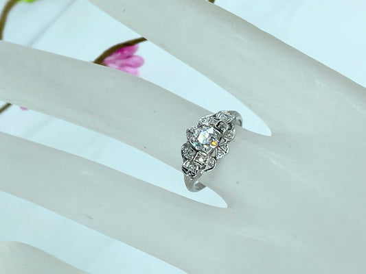 Art Deco 0.52 Carat old Euro Diamond Engagement Ring Platinum 950 s6.5 JR1022