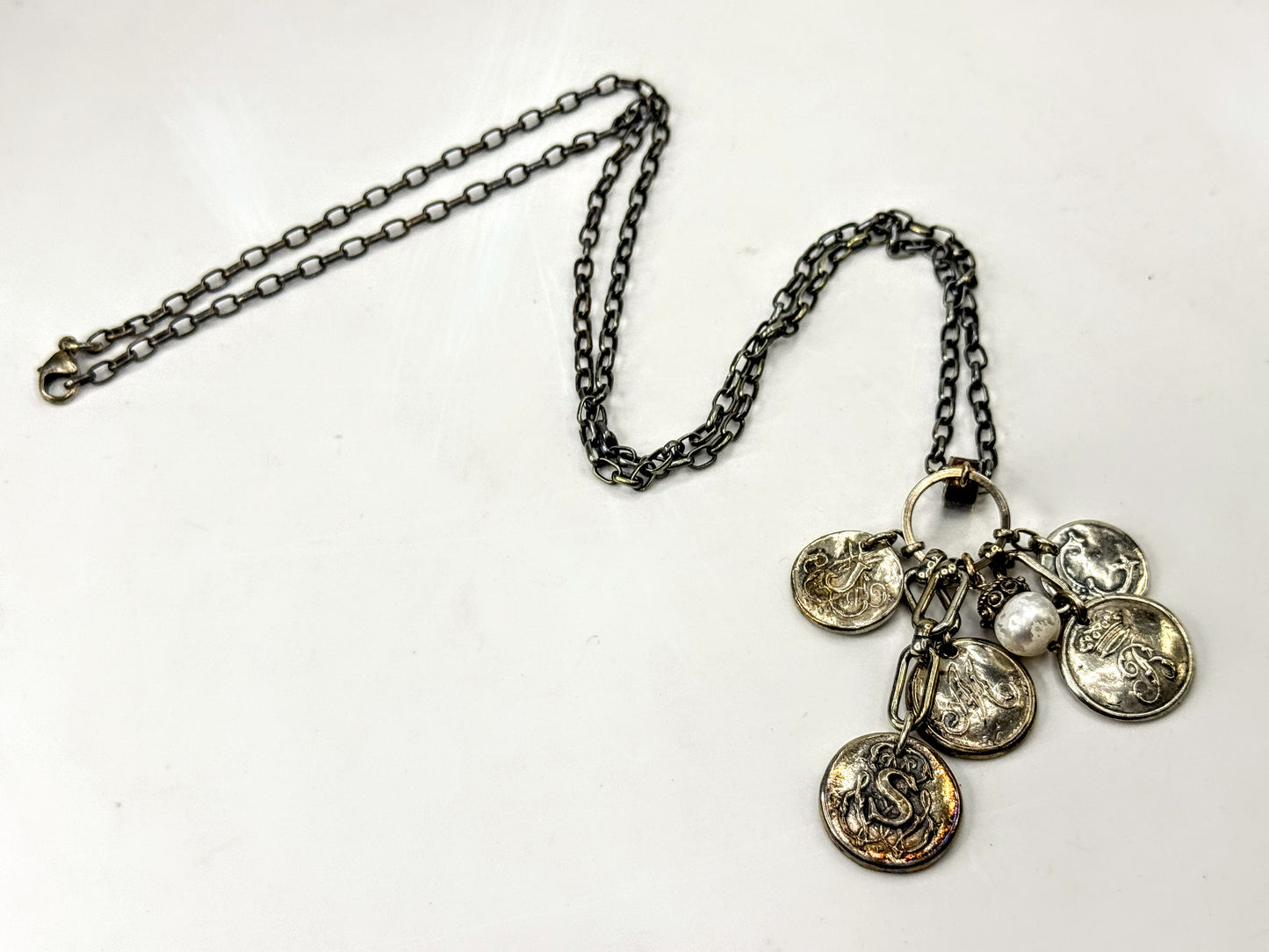Vintage Heavy Sterling Silver Monogram Disc Charm Pearl Necklace 26" JR1670