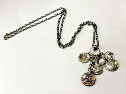 Vintage Heavy Sterling Silver Monogram Disc Charm Pearl Necklace 26" JR1670