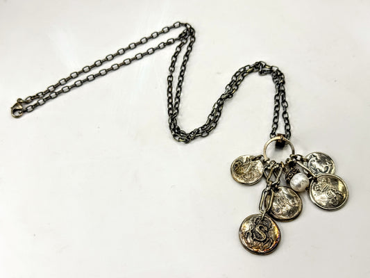 Vintage Heavy Sterling Silver Monogram Disc Charm Pearl Necklace 26" JR1670
