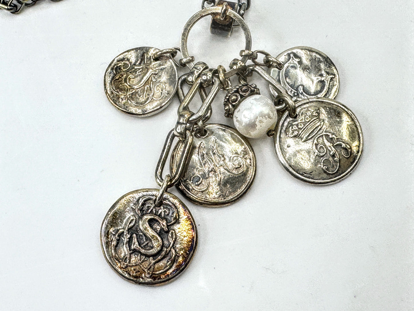 Vintage Heavy Sterling Silver Monogram Disc Charm Pearl Necklace 26" JR1670
