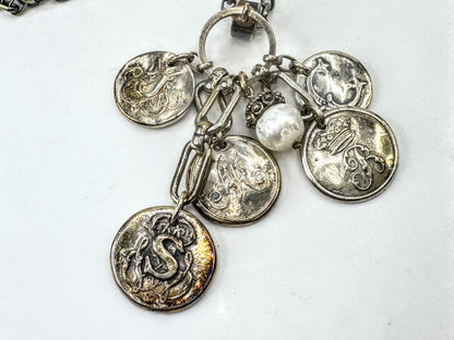 Vintage Heavy Sterling Silver Monogram Disc Charm Pearl Necklace 26" JR1670