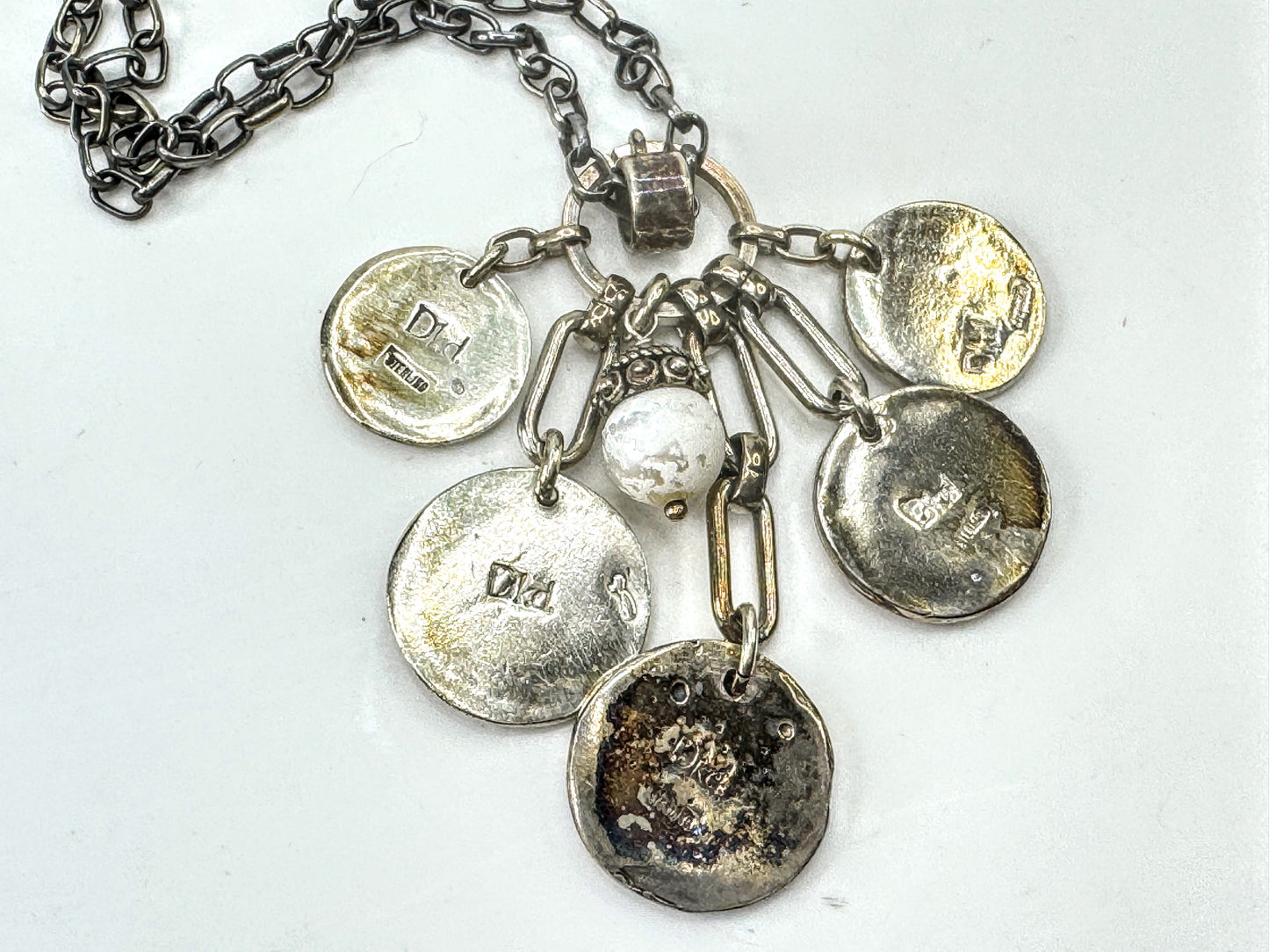 Vintage Heavy Sterling Silver Monogram Disc Charm Pearl Necklace 26" JR1670