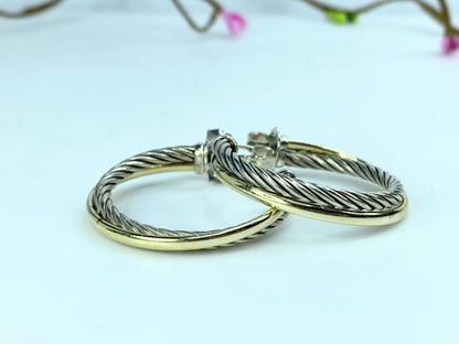 Vintage David Yurman Hoop Earrings 925 Sterling Silver & 18k Yellow Gold JR1024