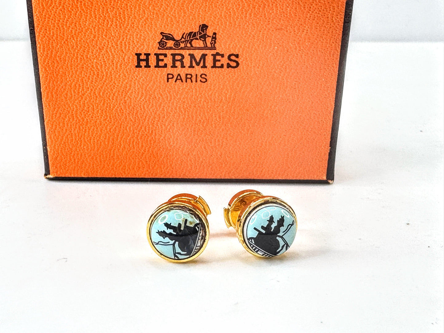 Vintage Hermès Paris Blue Equestrian Enamel Gold-Tone Pierced Earrings Box GS836