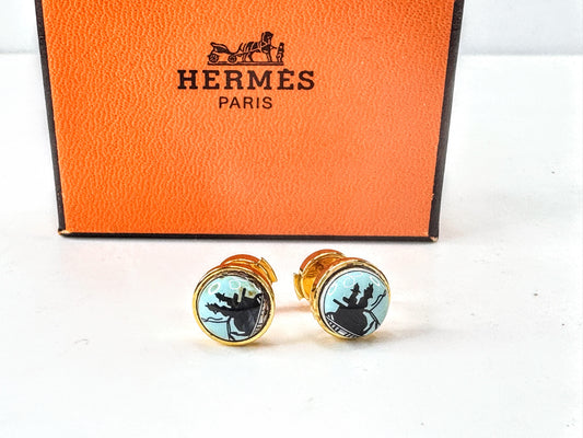 Vintage Hermès Paris Blue Equestrian Enamel Gold-Tone Pierced Earrings Box GS836