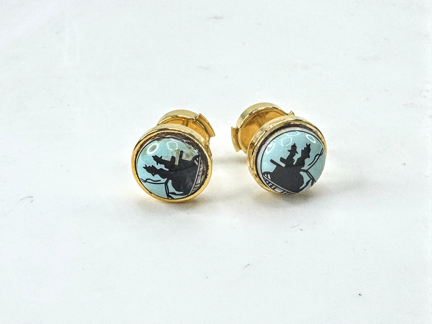 Vintage Hermès Paris Blue Equestrian Enamel Gold-Tone Pierced Earrings Box GS836
