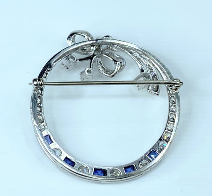 Art Deco 10K Diamond Sapphire Bow motif circular brooch 10.7g 1 3/4"