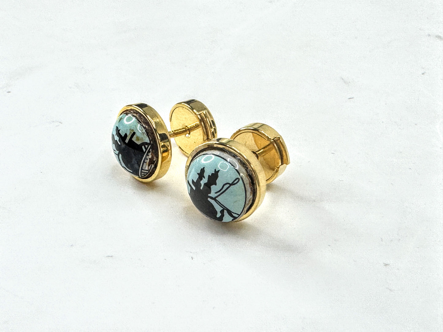 Vintage Hermès Paris Blue Equestrian Enamel Gold-Tone Pierced Earrings Box GS836