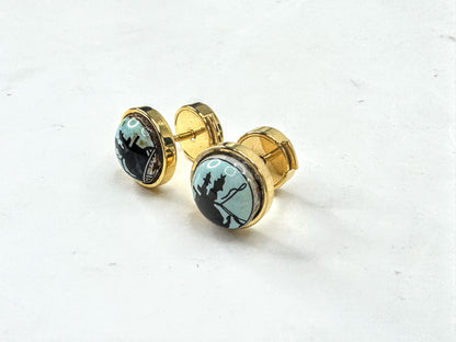 Vintage Hermès Paris Blue Equestrian Enamel Gold-Tone Pierced Earrings Box GS836