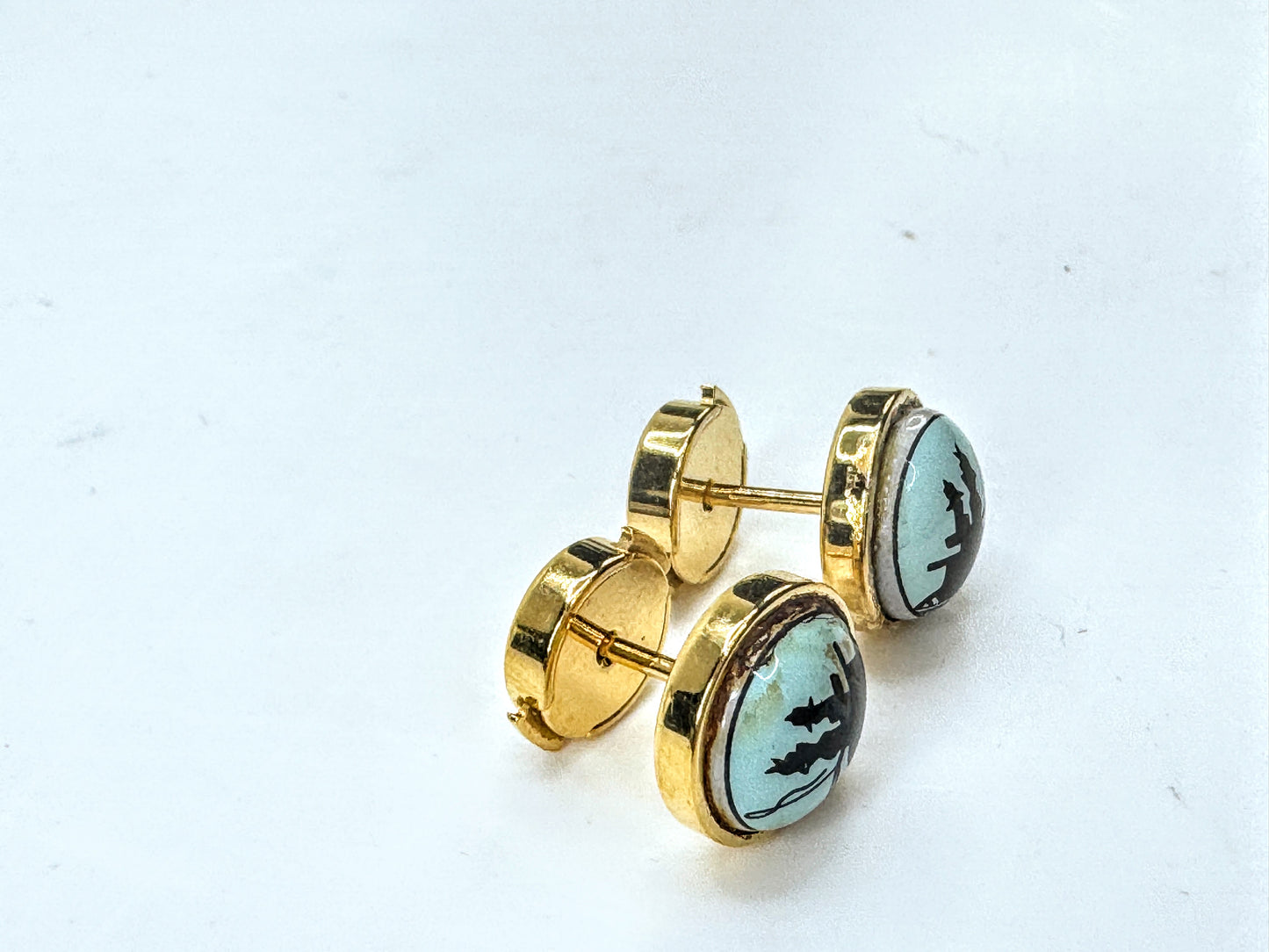 Vintage Hermès Paris Blue Equestrian Enamel Gold-Tone Pierced Earrings Box GS836