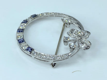 Art Deco 10K Diamond Sapphire Bow motif circular brooch 10.7g 1 3/4"