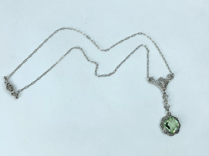 Art Deco Green Camphor Glass Filigree Crystal Necklace, cable chain 15" JR1027