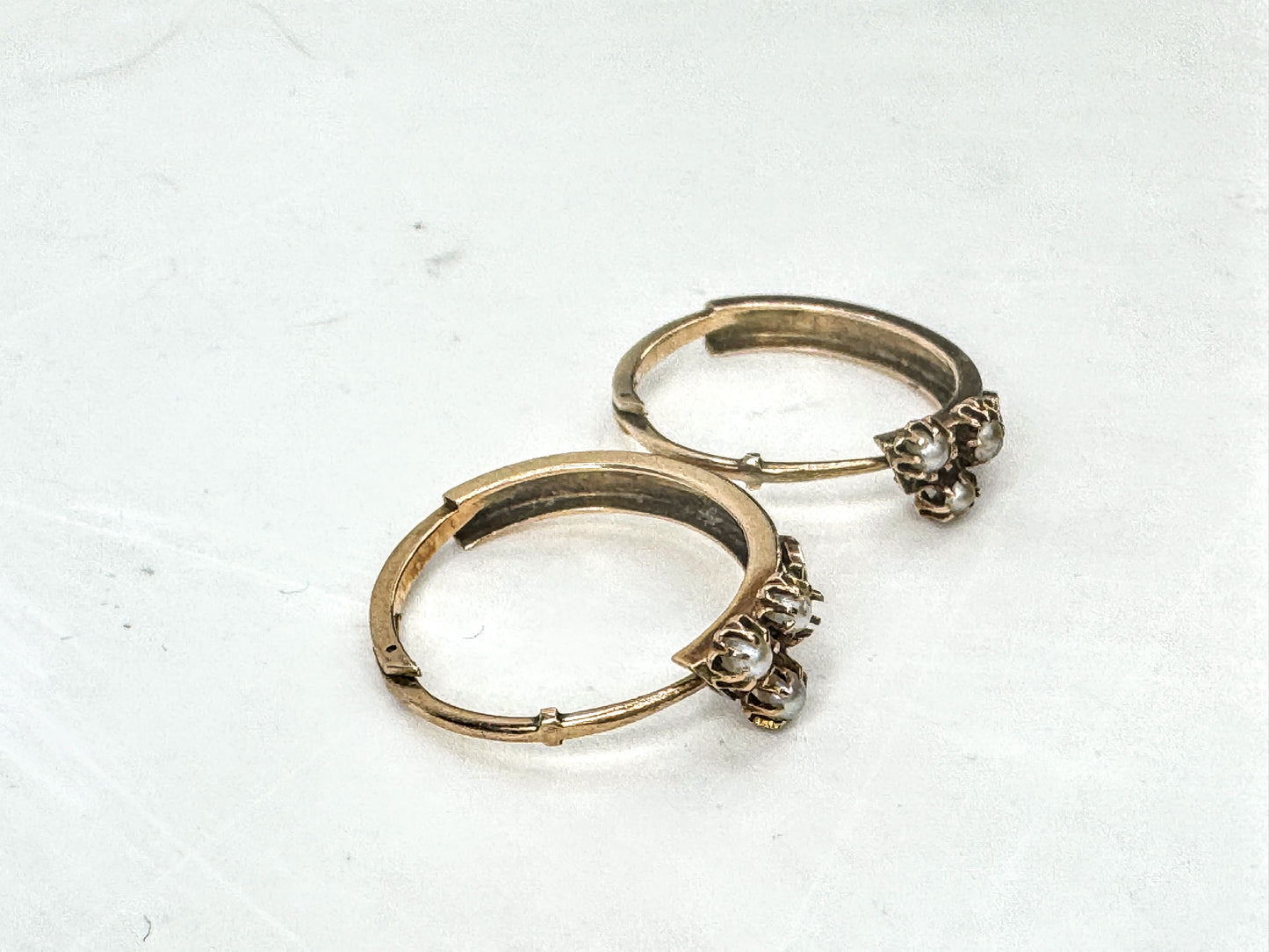 Antique 14K Gold Seed Pearl Hinged Hoop Earrings Early Century Estate JR1674