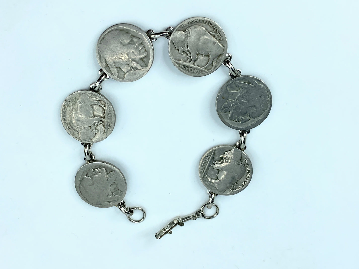Mid Century Mod 6 Genuine Silver Buffalo Nickels Plaque Bracelet 8” JR1028