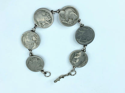 Mid Century Mod 6 Genuine Silver Buffalo Nickels Plaque Bracelet 8” JR1028