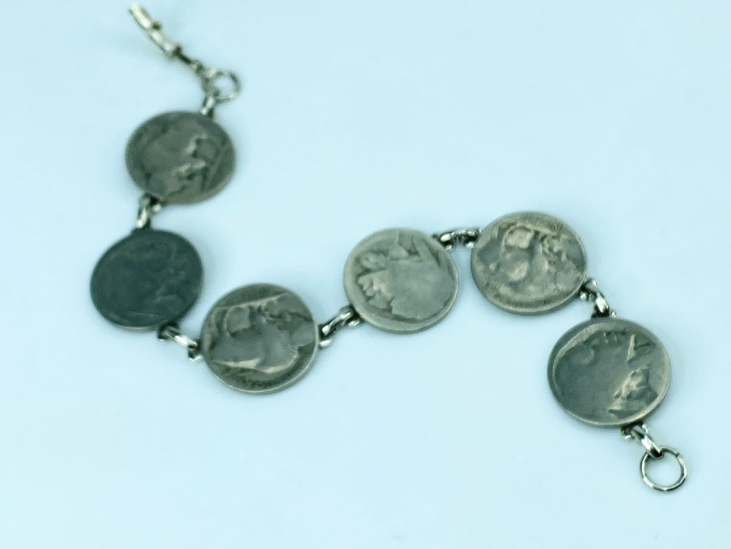 Mid Century Mod 6 Genuine Silver Buffalo Nickels Plaque Bracelet 8” JR1028