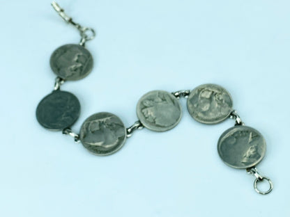 Mid Century Mod 6 Genuine Silver Buffalo Nickels Plaque Bracelet 8” JR1028