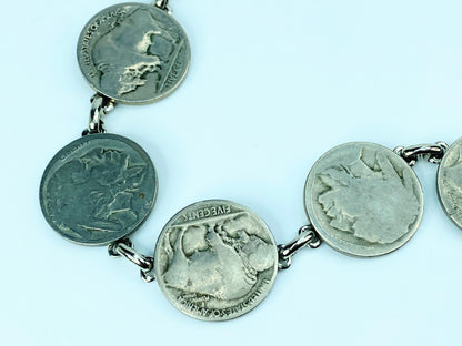 Mid Century Mod 6 Genuine Silver Buffalo Nickels Plaque Bracelet 8” JR1028