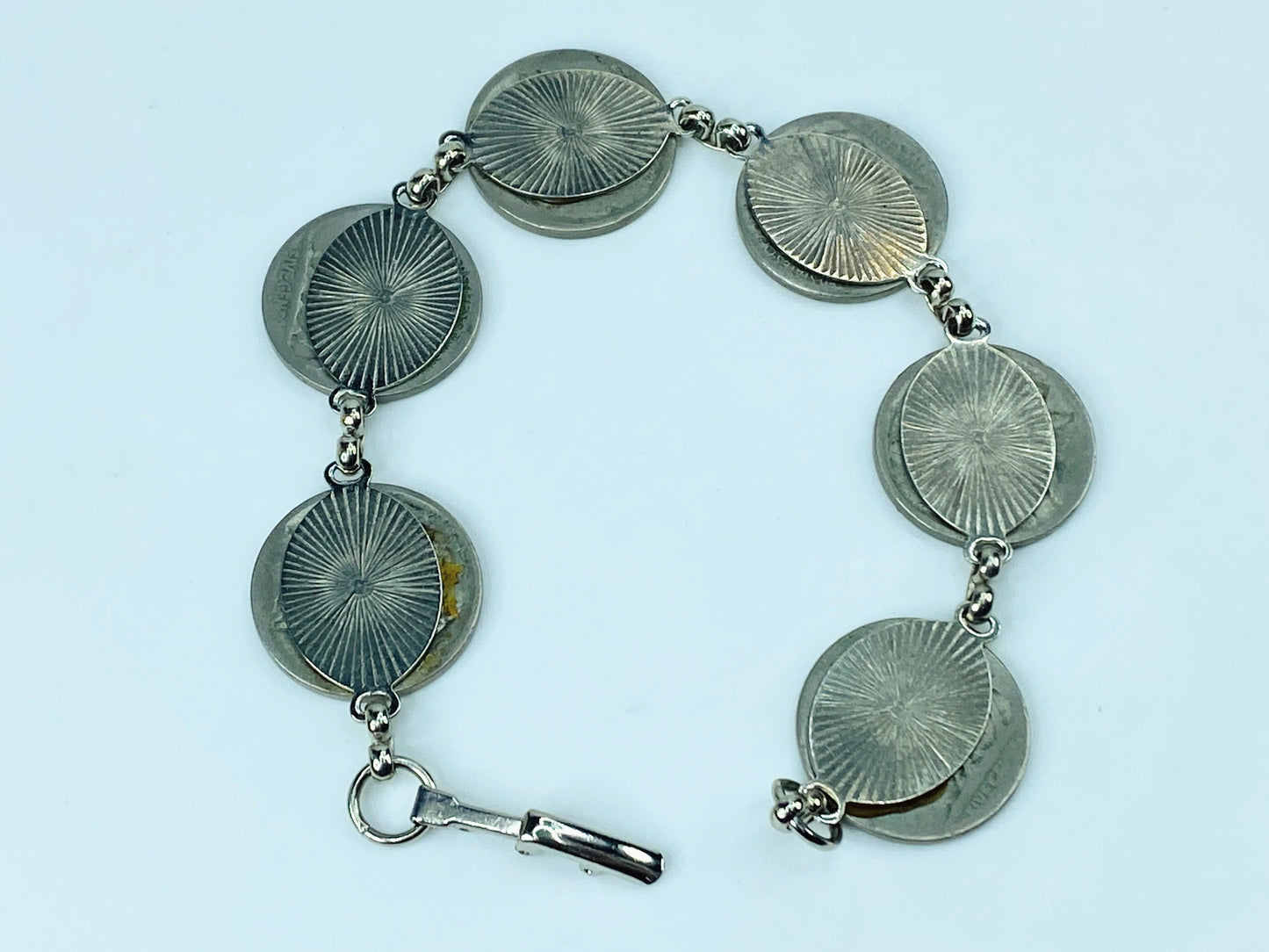 Mid Century Mod 6 Genuine Silver Buffalo Nickels Plaque Bracelet 8” JR1028