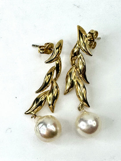 Vintage 14K Yellow Gold Leaf Drop Dangle Earrings with Baroque Pearls JR1675