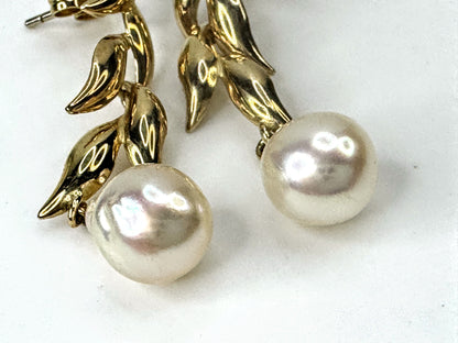 Vintage 14K Yellow Gold Leaf Drop Dangle Earrings with Baroque Pearls JR1675